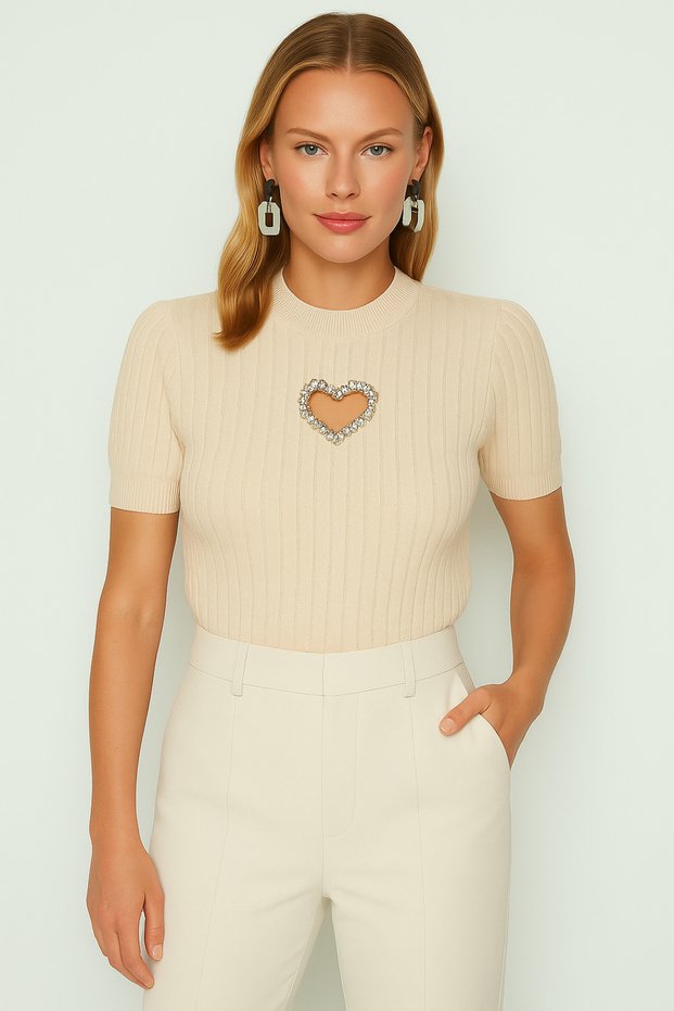 Crew Neck Heart Embroidered Stylish Knitwear Women's T-Shirt