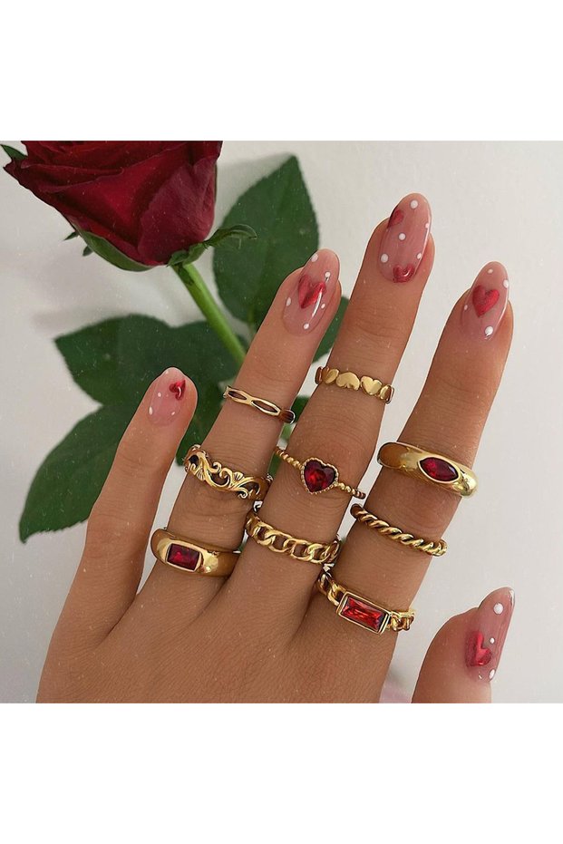 33 Bohemian Rhinestone Geometric Finger Rings Set For Women Red Crystal Heart Gold Color Chain Shape
