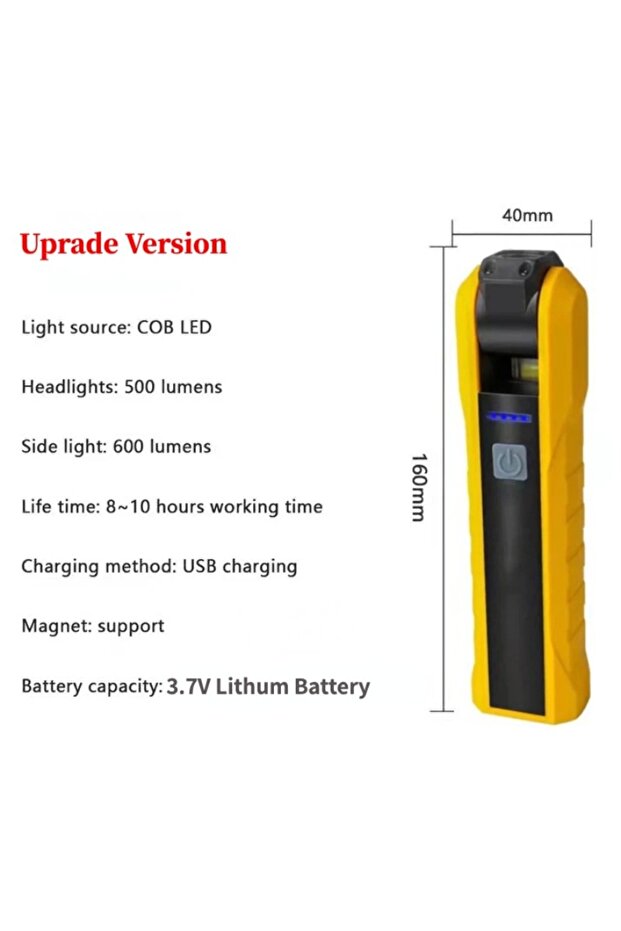 مصباح عمل COB محمول أصفر اللون، مصباح يدوي مغناطيسي قابل لإعادة الشحن عبر USB، مصباح يدوي مرن للتفتيش