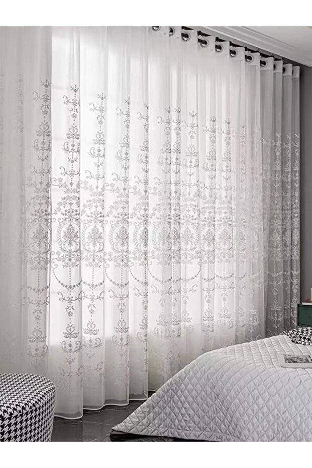 Grommet Top 200x100cm white Sheer Curtains White Embroidered Floral Voile Drapes for Living room, Be