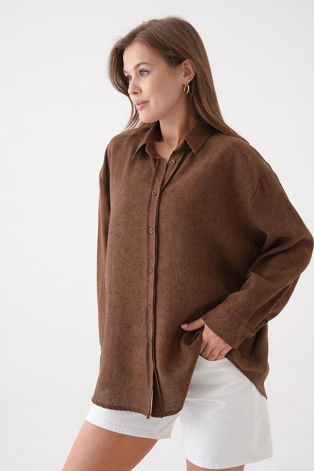 Kadın Kahve Batik Desenli Tunik Oversize Gömlek 29180 - 4