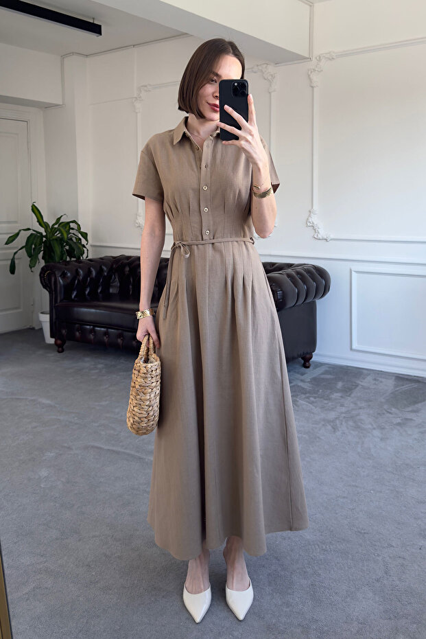 Magarde Special Series Linen Dress with Pleated Waist - Brown