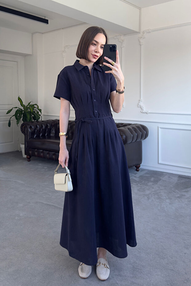 Magarde Special Series Linen Dress with Pleated Waist - Dark Blue