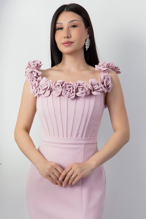 Yaka Gül Detay Yırtmaçlı Elbise ECR5410 - 7