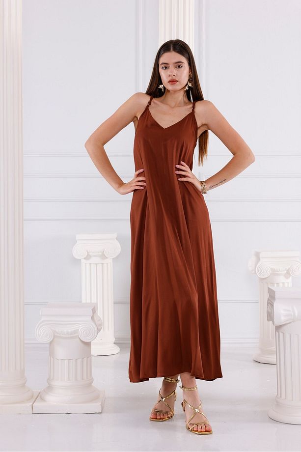 Sade Acı Kahve Viskon Maxi Elbise - 3