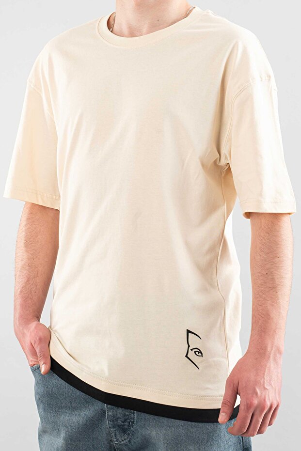 Men's Special Crew Neck T-Shirt Basic Semi-Oversize Plain Printed T-Shirt Beige