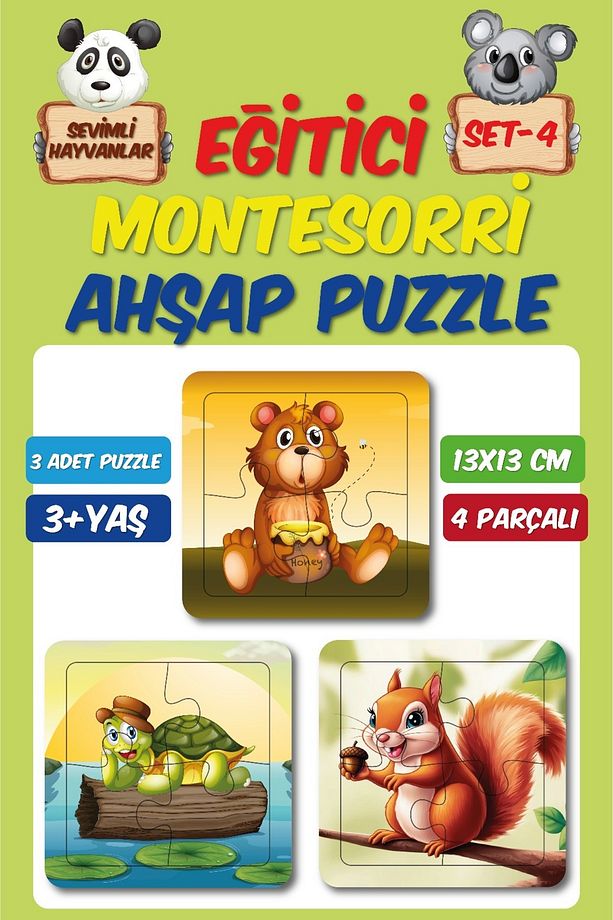 Ahşap 4 Parçalı 3 Set Çocuk Puzzle Set4 - 1