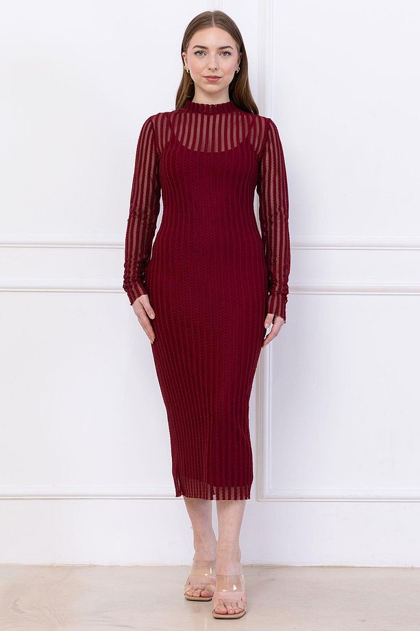 Transparan Elbise Astarlı Bordo SS2745 - 8