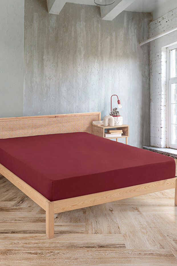 Karden Flower Premium %100 Pamuk Çift Kişilik Penye Lastikli Çarşaf - Bordo