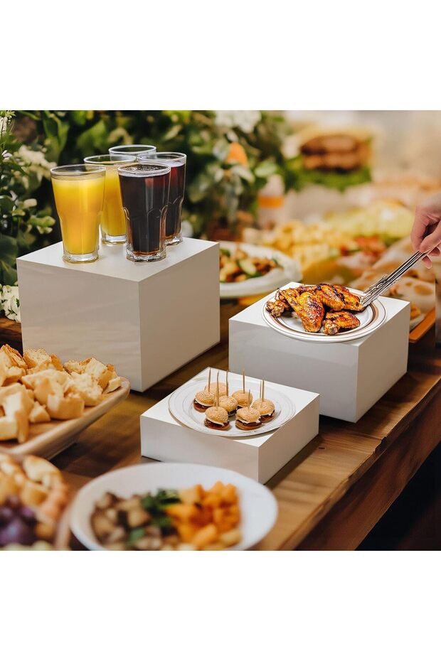 Food Risers for Buffet Table, Display Stand Shelf with Hollow Bottoms 3PCS 8''x9''x10'' (White) - 5