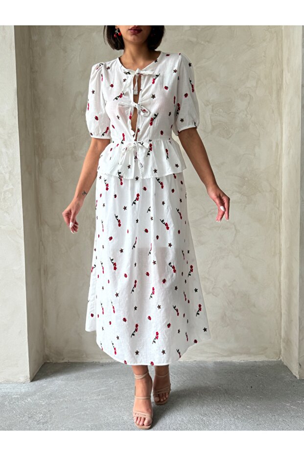 Women's Floral Patterned Midi Length Linen Skirt