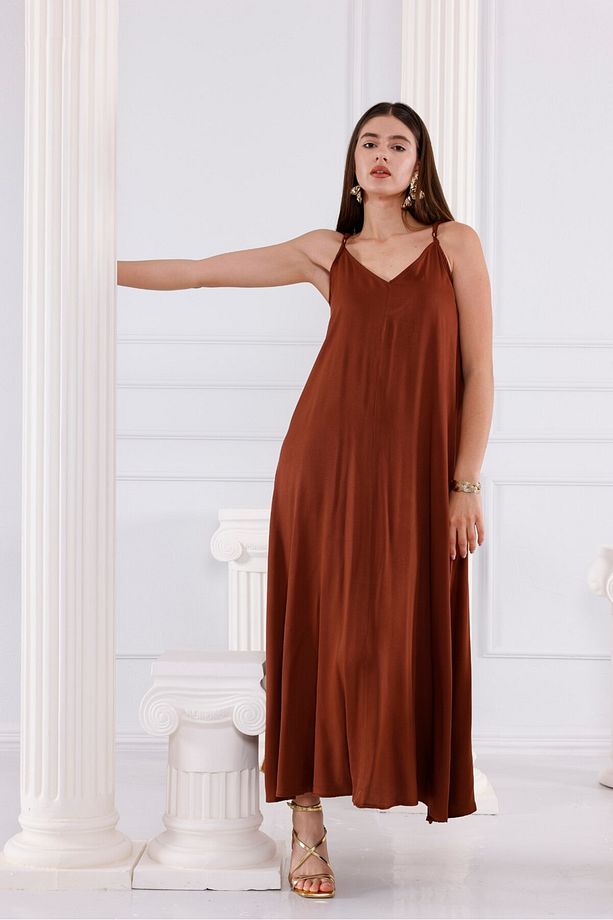 Sade Acı Kahve Viskon Maxi Elbise - 4