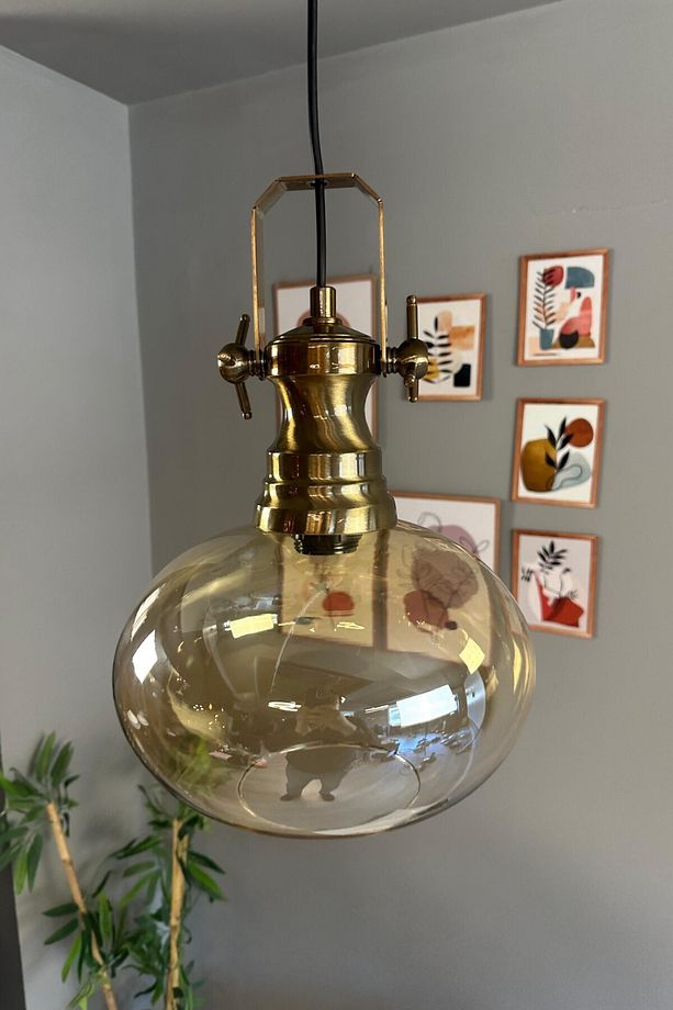 Solvia Cam Bal Rengi Tekli Avize Retro Sarkıt Lamba Salon Aydınlatma - 1