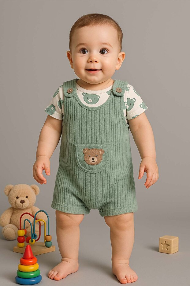 Baby Boy 3-Piece Cotton Jumpsuit Set – Teddy Bear Patterned Badi, Green Salopet and Socks Set