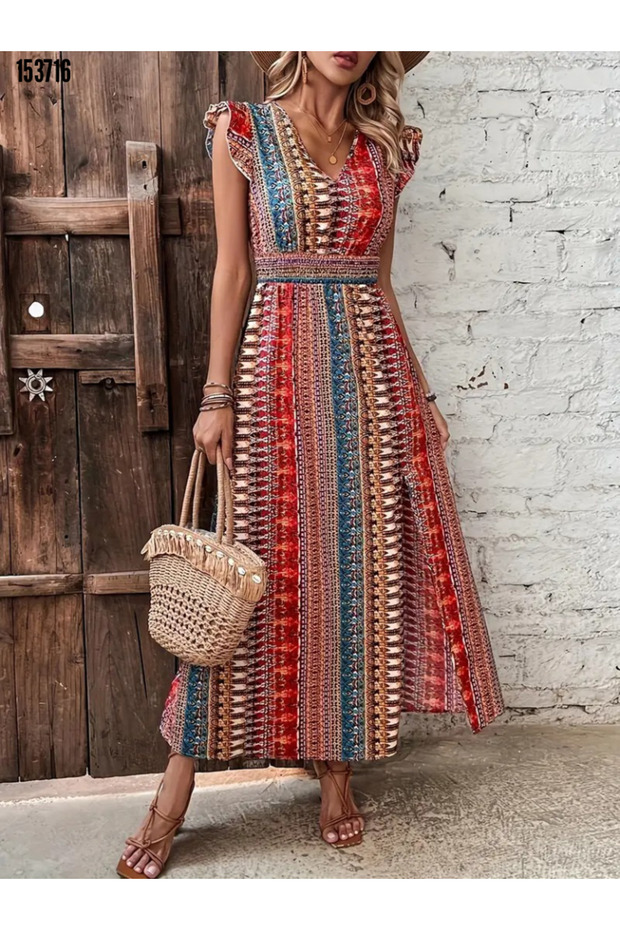 Women's Ethnic Patterned Slit V-Neck Long Single Jersey Dress