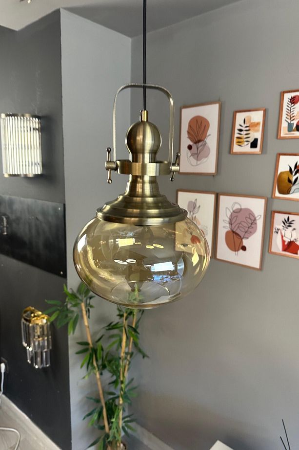 Solvia Cam Bal Rengi Tekli Avize Eskitme Başlık Retro Sarkıt Lamba Salon Aydınlatma - 4