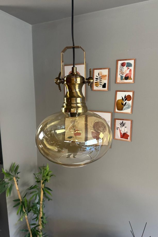 Solvia Cam Bal Rengi Tekli Avize Retro Sarkıt Lamba Salon Aydınlatma - 5