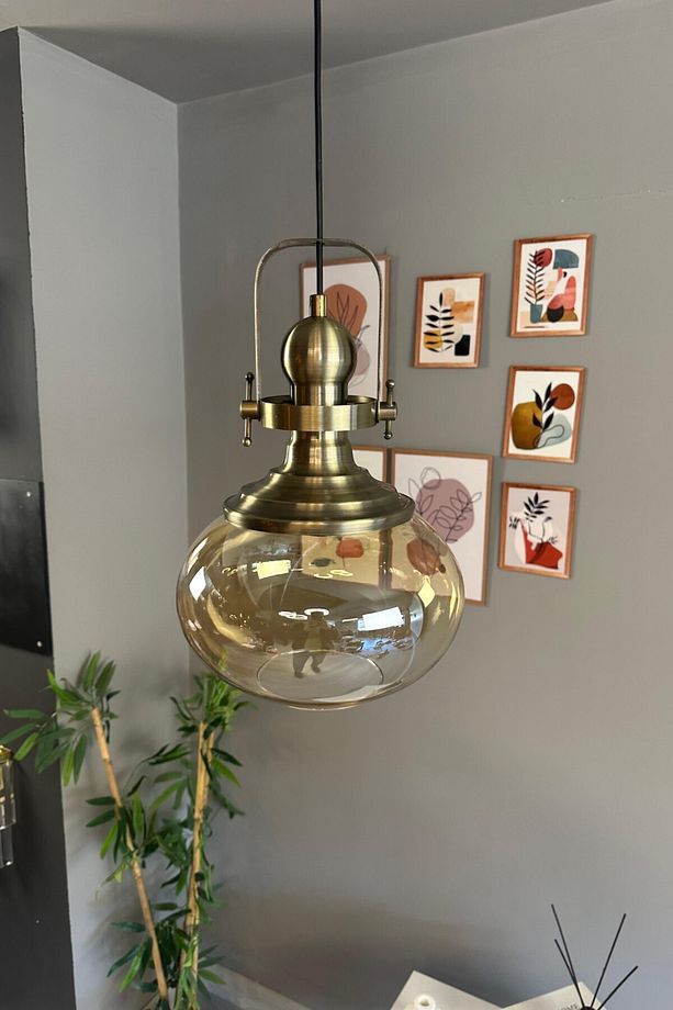 Solvia Cam Bal Rengi Tekli Avize Eskitme Başlık Retro Sarkıt Lamba Salon Aydınlatma - 5