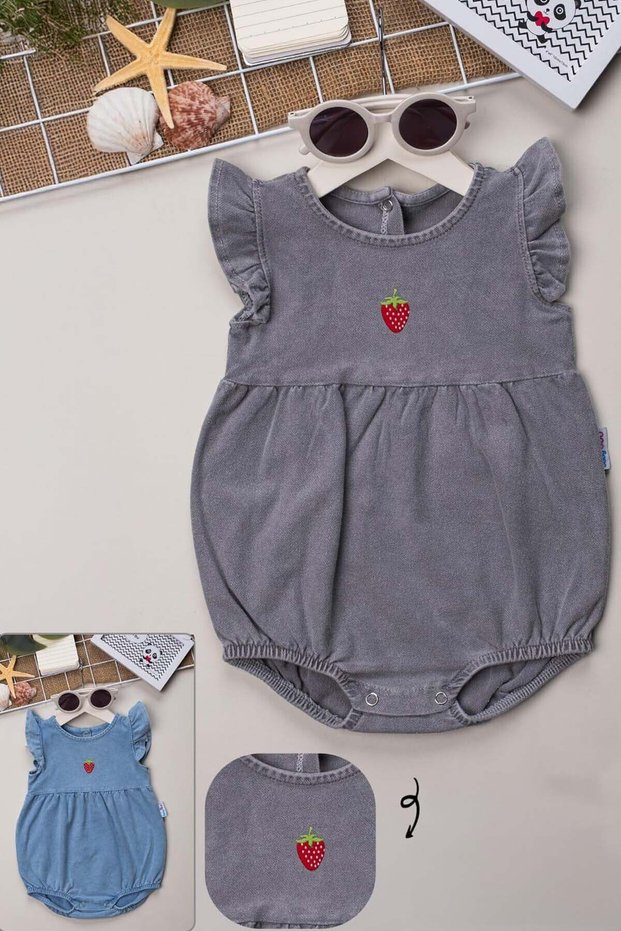 Newborn Baby Summer Strawberry Embroidered Denim Baby Rompers with Ruffled Sleeves