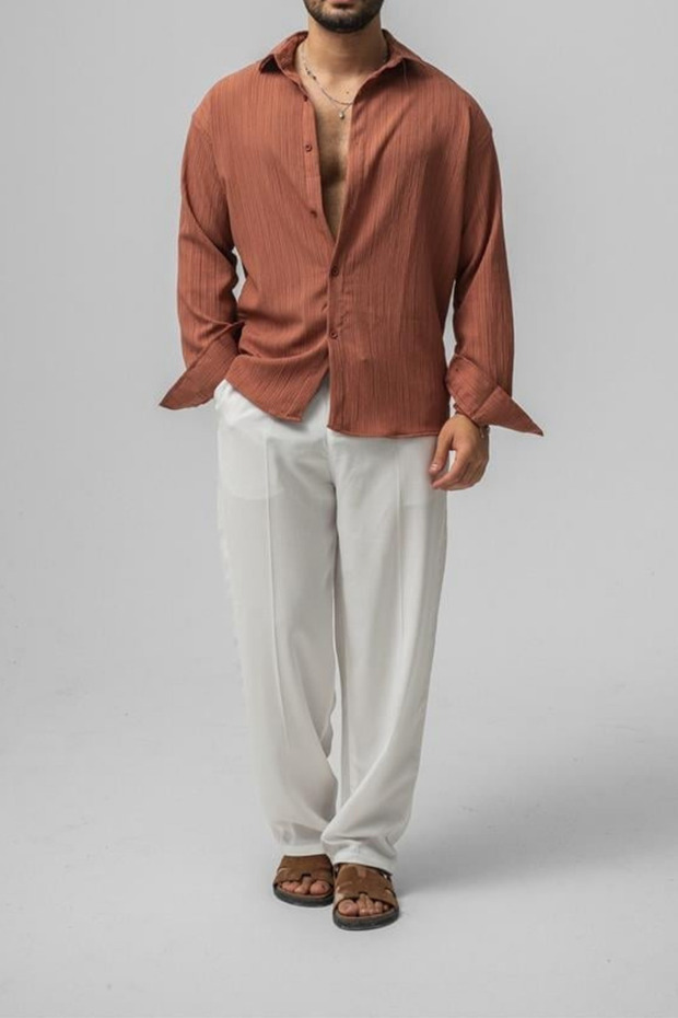 Erkek Kiremit Embossed Oversize Gömlek - 3