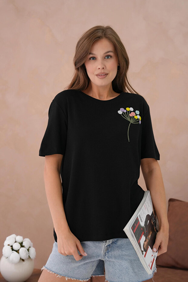 Nakış İşlemeli Kısa Kol Basic T-Shirt - 6