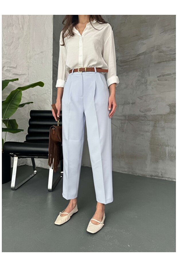 Baby Blue Gold Belted Carrot Pants