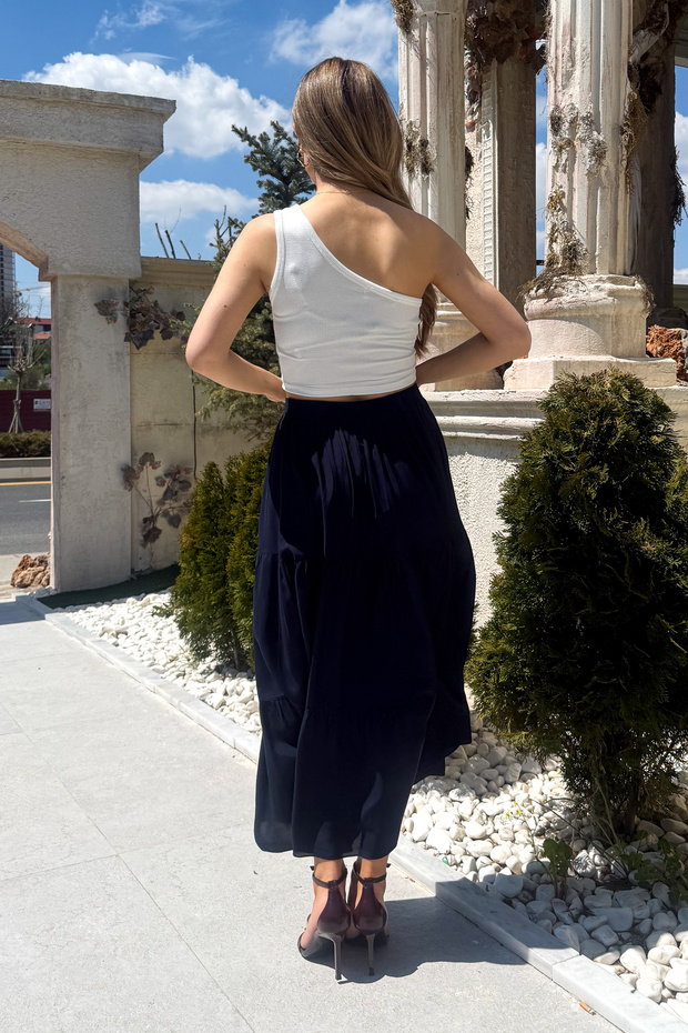 Fusta de damă bleumarin - G.rezistentă, cu volane, lungă - 3