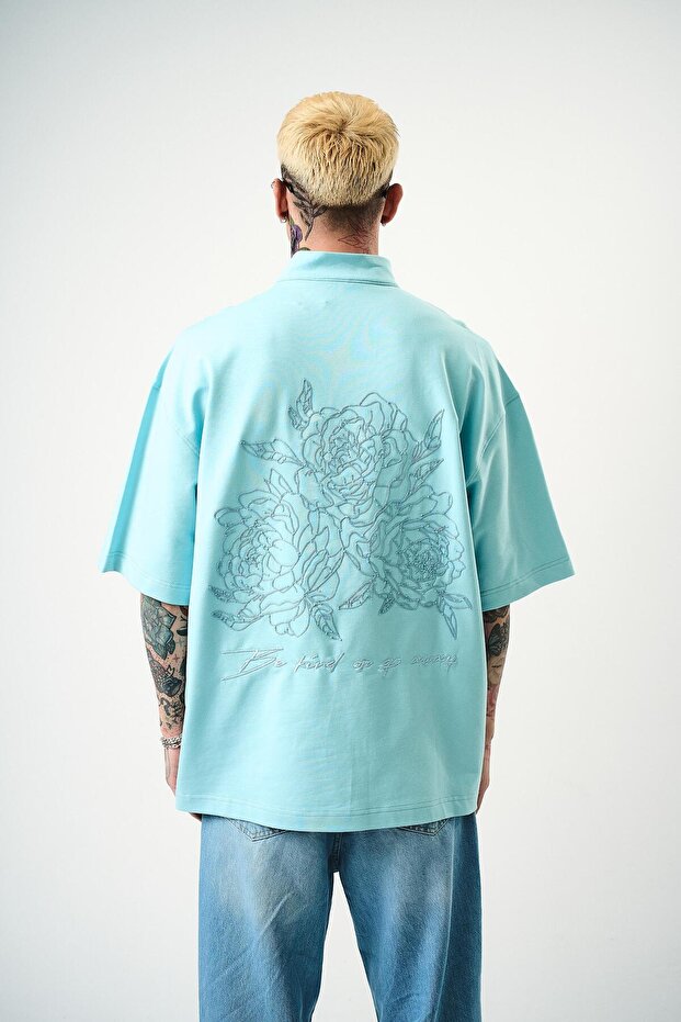 Men's Be Kind Embroidered Half Zipper Oversize T-Shirt Baby Blue