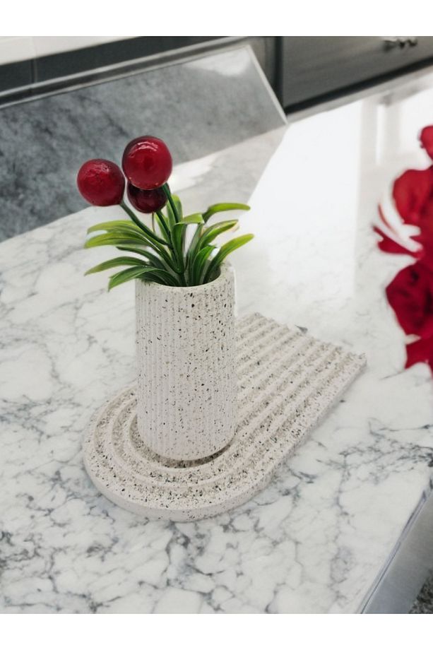 Dekoratif Granit Görünüm Mini Vazo Ve Tabak Biblo Dekor ( Salon, Lavabo Dekoratif Obje ) - 2