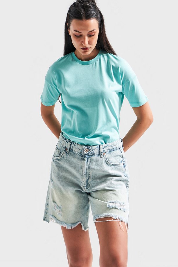 Kadın G.Kot Rengi 12s5-80 Midi Boy Yırtık Detaylı %100 Koton Denim Şort - 5