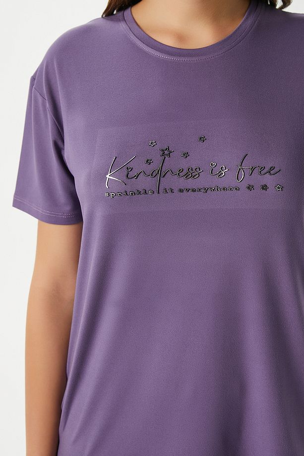Kadın Kindness Yumuşak Doku Mürdüm Yıldız Desen Bisiklet Yaka Kısa Kollu Alt Üst Pijama Takımı - 6