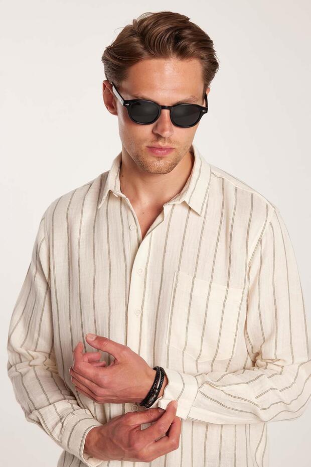 Regular Fit Classic Cut Oversized Linen Look Cotton Pack Striped Drapey Comfortable Pocketed Sports Shirt