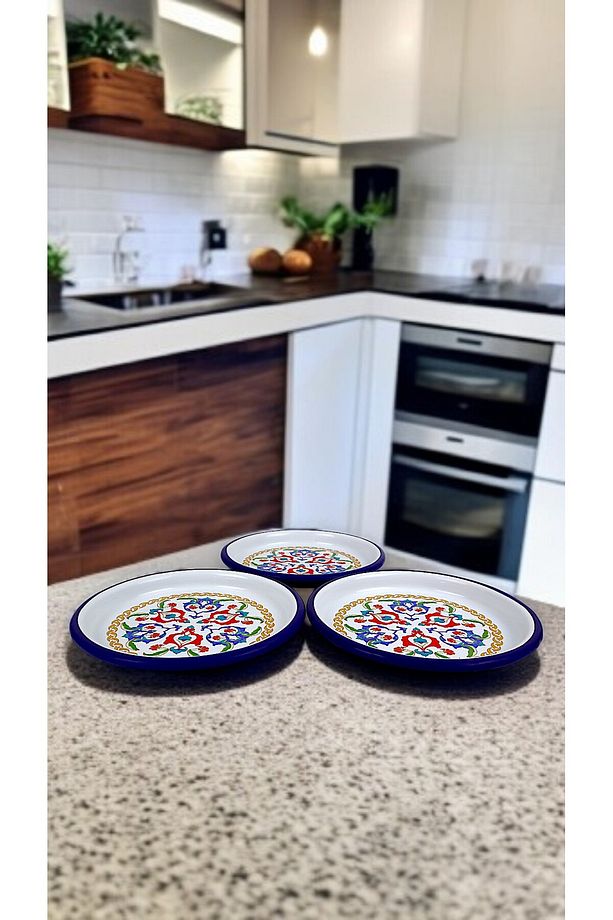 16 Cm 3 Parça Emaye Tabak Tek Kişilik Kahve Tabağı, Servis Tabağı Çerez Tabağı,, Hediye, - 2