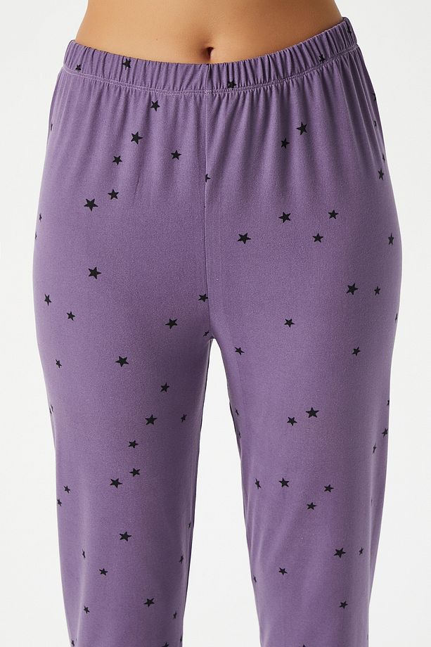 Kadın Kindness Yumuşak Doku Mürdüm Yıldız Desen Bisiklet Yaka Kısa Kollu Alt Üst Pijama Takımı - 7