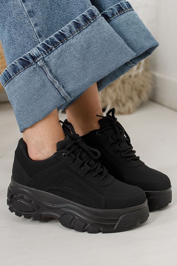 Siyah Süet Günlük Kadın Spor Ayakkabı Bağcıklı Kalın Hafif Yüksek Taban Sneaker - 4