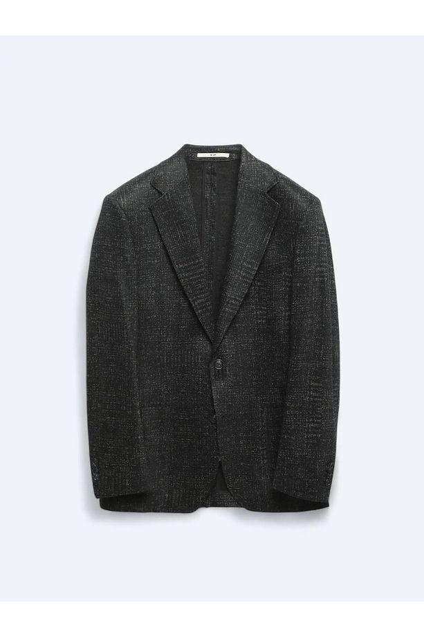 Siyah Desenli Comfort Fit Yün Karışımlı Torba Cep Mono Yaka 6 Drop Örme Blazer Ceket - 7