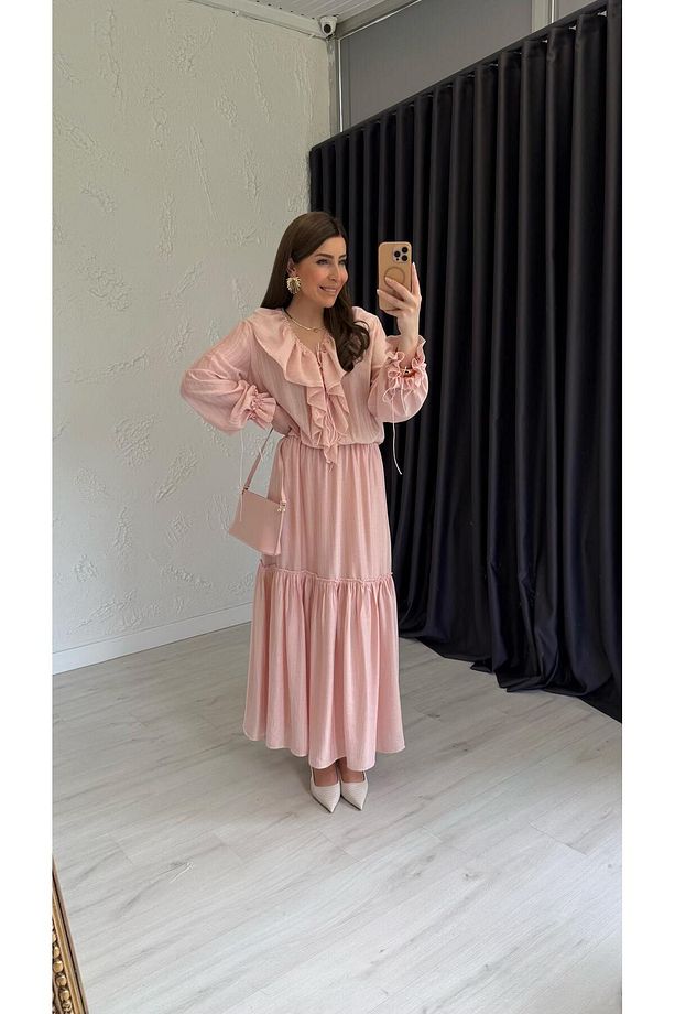 Funger Fırıfrlı Elbise Pembe - 4
