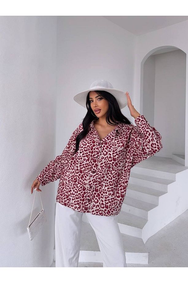Leopar Desen Oversize Kadın Cep Detaylı Gömlek (Viskon Kumaş) - 1