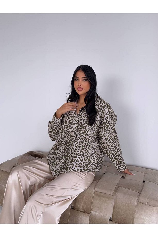 Leopar Desen Oversize Kadın Cep Detaylı Gömlek (Viskon Kumaş) - 5