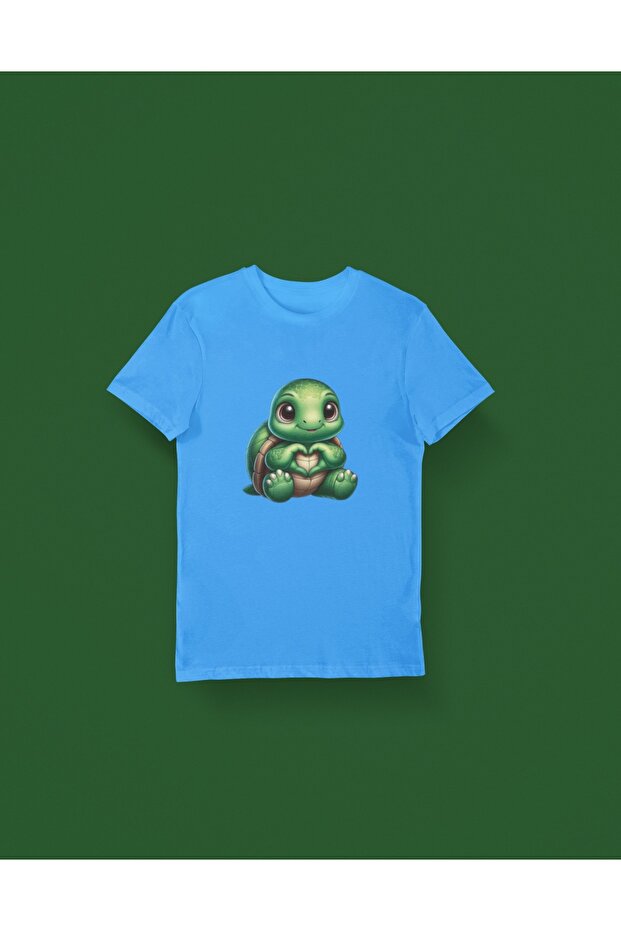 Children's -Heart Making Turtle- Transfer Printed Round Neck Short Sleeve T-Shirt