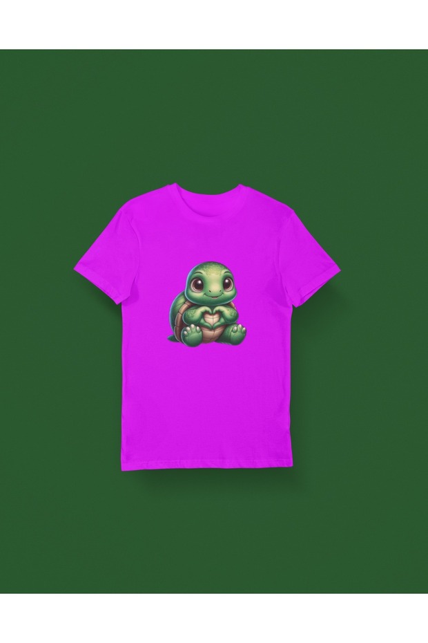 Children's -Heart Making Turtle- Transfer Printed Round Neck Short Sleeve T-Shirt