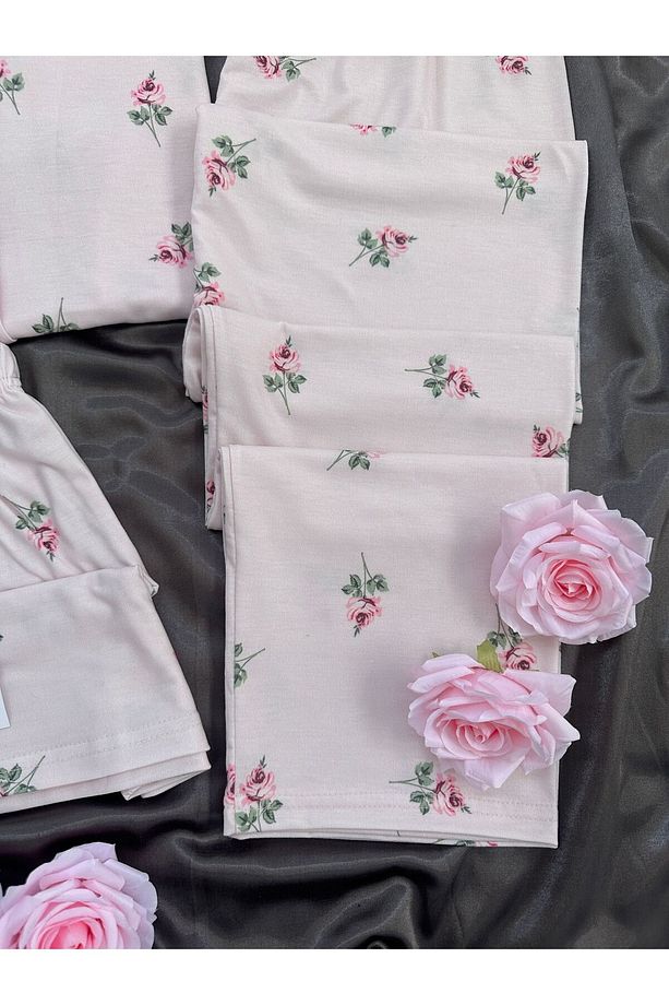 Kadın Gülizar Gül Desenli 5'li İç Çamaşırlı Şort Uzun Paça Kısa Kollu Pijama Takımı - 2
