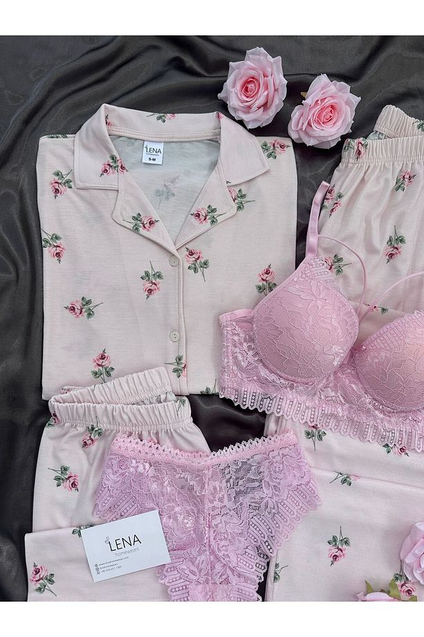 Kadın Gülizar Gül Desenli 5'li İç Çamaşırlı Şort Uzun Paça Kısa Kollu Pijama Takımı - 4