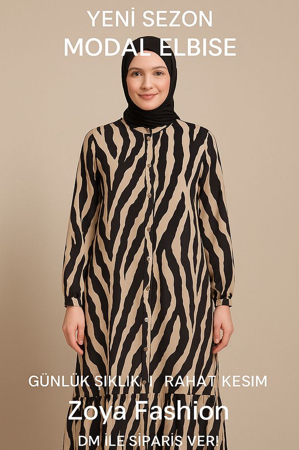 Zebra Desenli Modal Boydan Düğmeli Elbise - 2