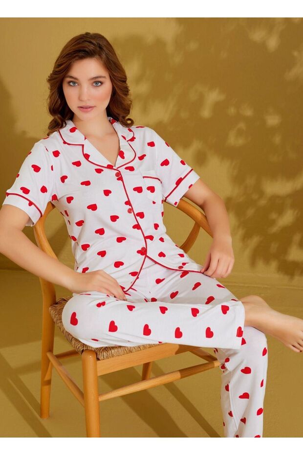 Women's 100% Cotton Viscose White Red Heart Patterned Shirt Collar Buttoned Pajama Set