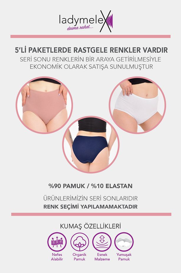 Kadın Külot, Yüksek Bel Külot, 5'li Paket, Koyu Soft Renkler, %100 Yumuşak - 3