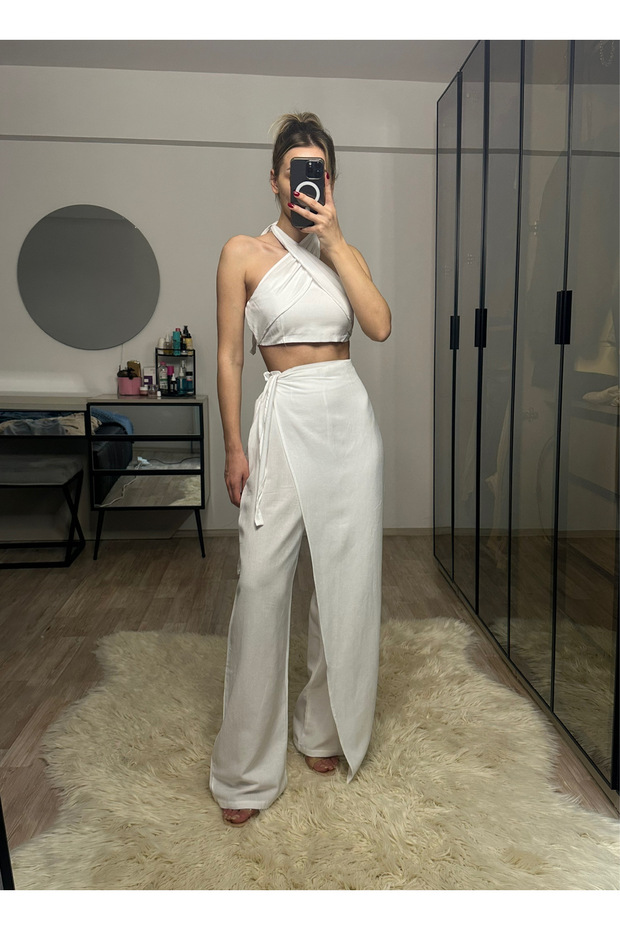 Lacquer White Bamboo Linen Trousers Blouse Set with Lacing Detail