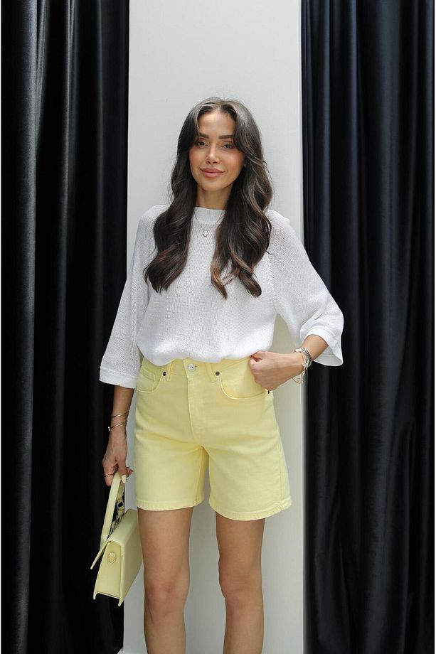 Sarı Fit Denim Şort - 4