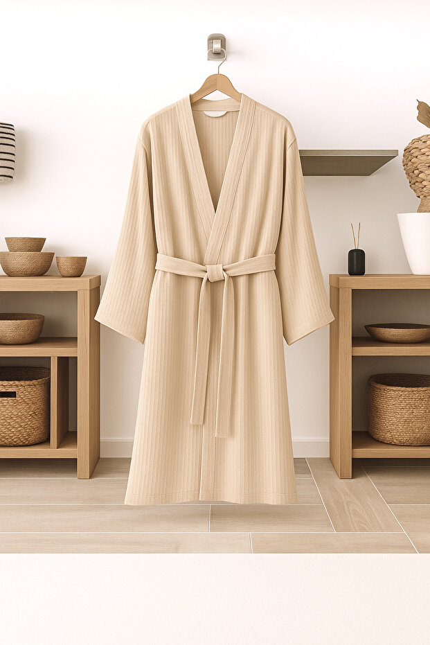 100% Organic Cotton Unisex Double Layer Muslin Bathrobe Muslin Dressing Gown - Beige
