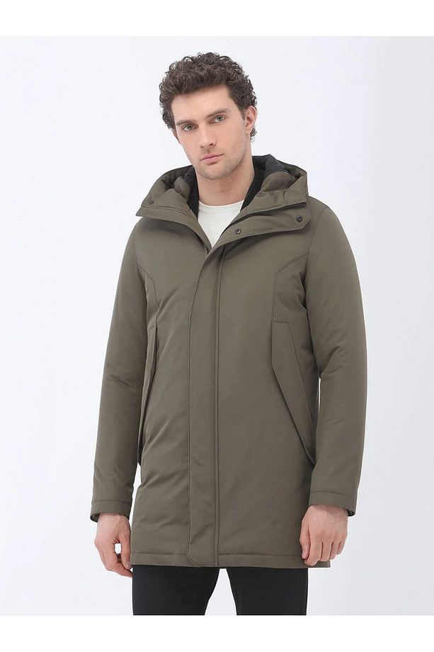 Haki Regular Fit Kapüşonlu Casual Dokuma Kaban - 1